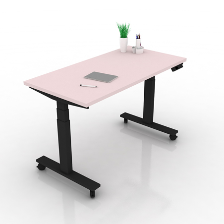9am-pesk-smart-electric-height-adjustable-table-just-rose-top-black-frame-with-castor-frontview
