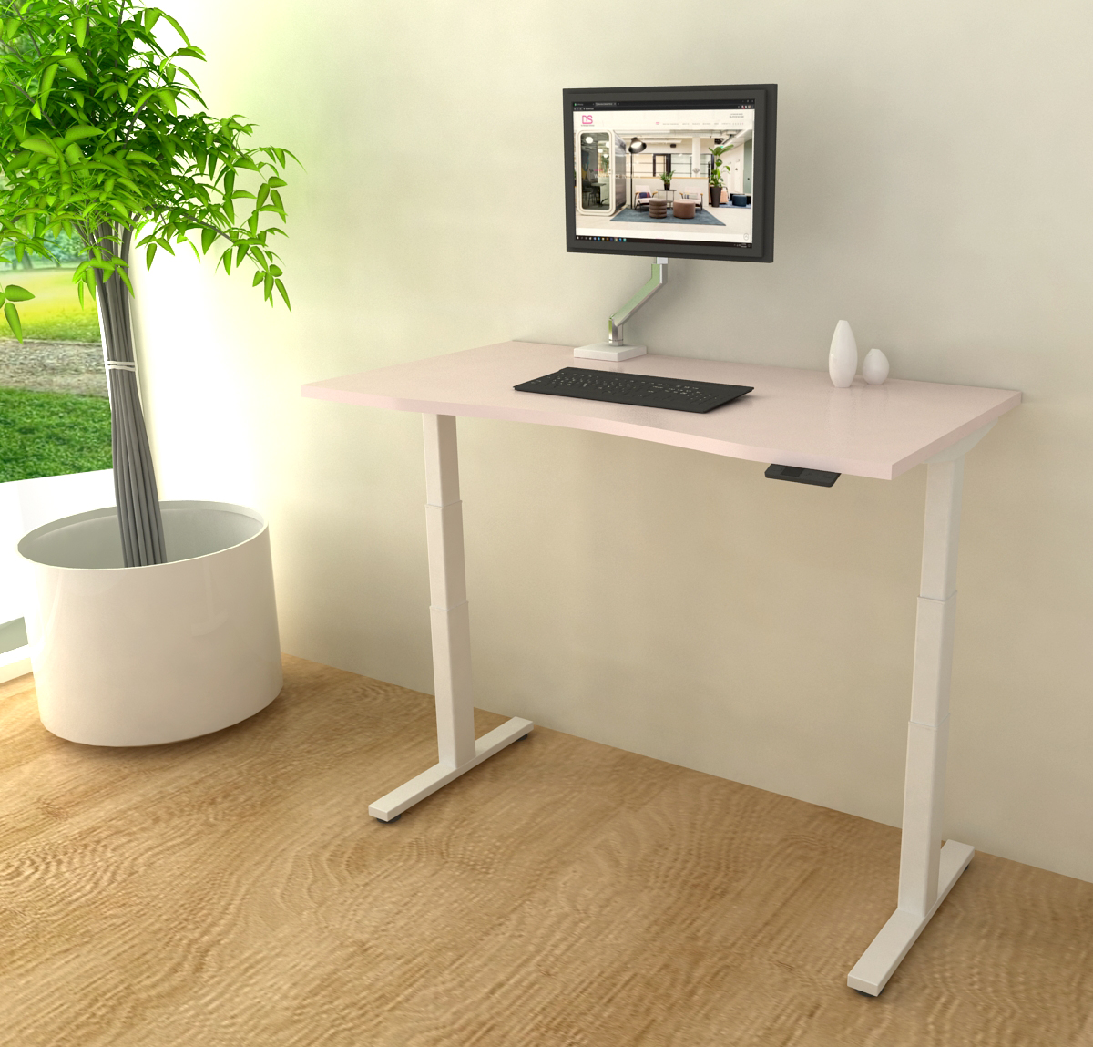9am-pesk-smart-electric-height-adjustable-table-just-rose-top-white-frame-with-pc