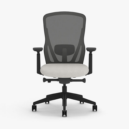 Front view of the Senator Ousby Chair with a grey mesh back and light grey seat