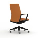 A three-quarter rear view of the Senator Qdos Mid Back Chair, featuring tan upholstery and a black 5-star base on castors