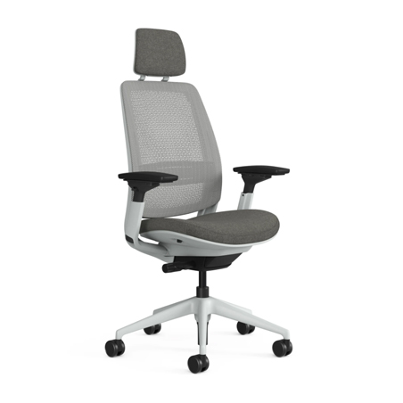 A three-quarter view of the Steelcase Series 2 high-back office chair, featuring a white frame with a grey mesh Airback, seat, and headrest