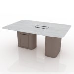 A modern, customized meeting table featuring a rectangular, light grey stone-patterned top with a central power module.